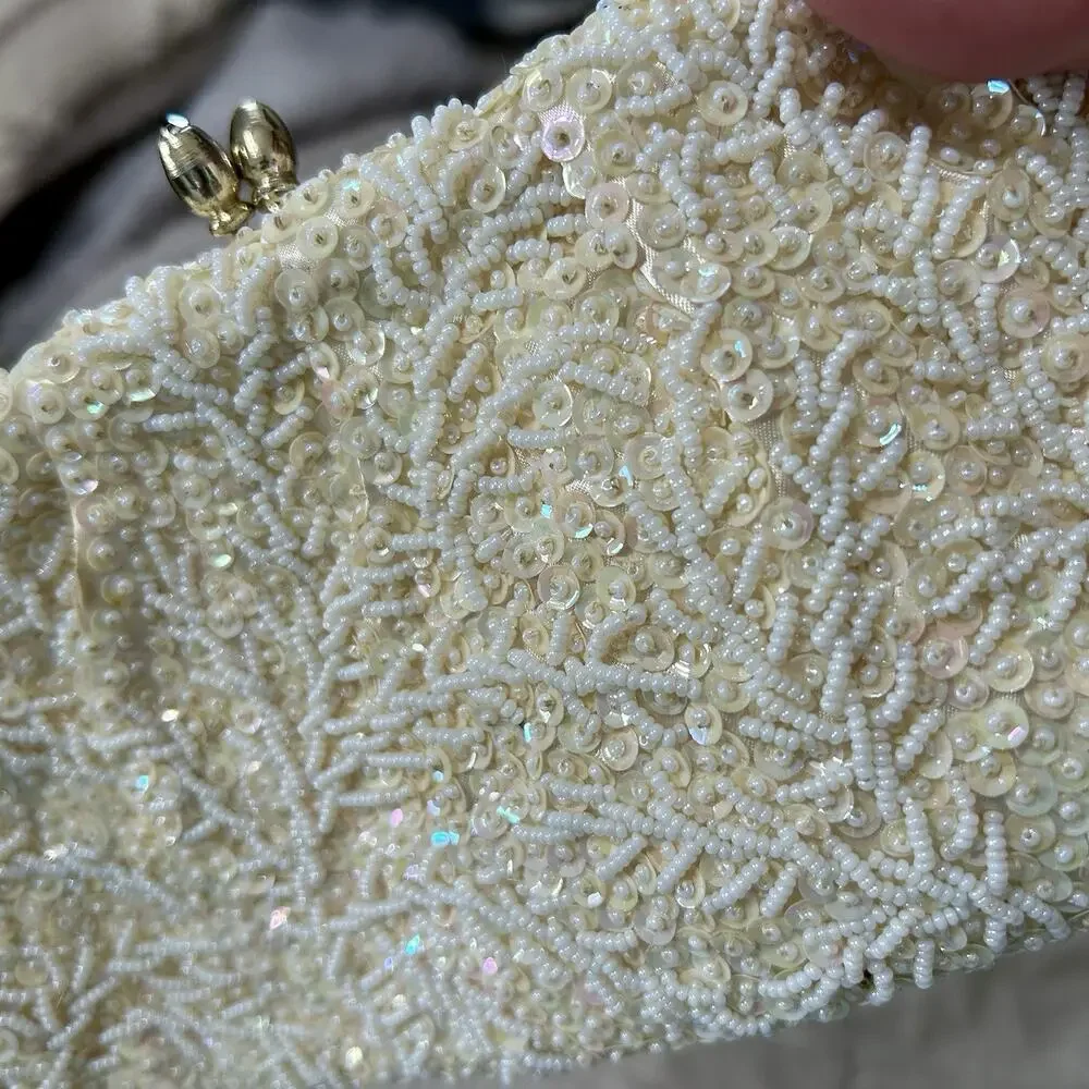 Vintage 50s Hand Beaded Evening Bag Clutch 6 X 10 Made In Hong Kong Wedding Glam